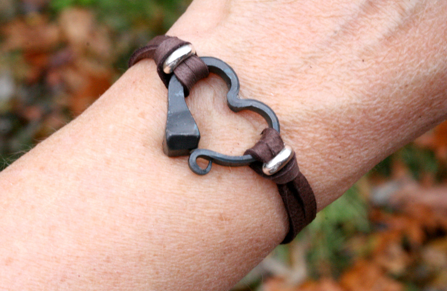 Handmade Horseshoe Nail Heart Bracelet with Silver Beads and Adjustable Leather Band, Horse Lover Gift
