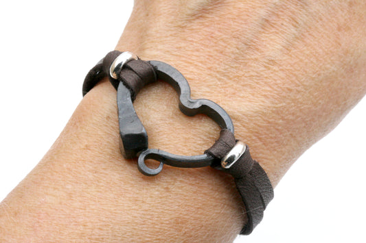 Handmade Horseshoe Nail Heart Bracelet with Silver Beads and Adjustable Leather Band, Horse Lover Gift
