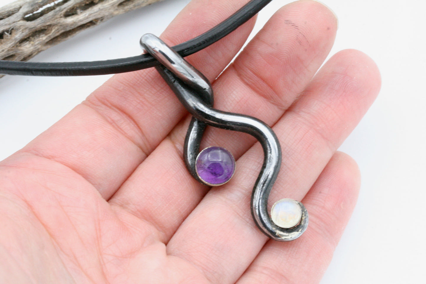 Twisted Iron pendant with Amethyst and Moonstone, Iron Anniversary