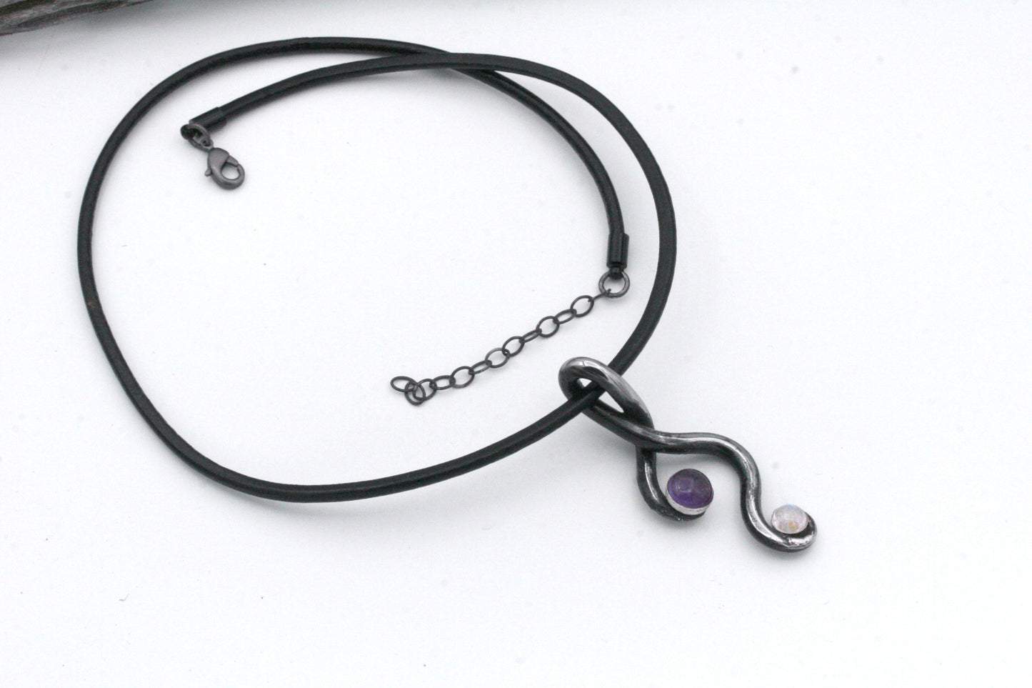 Twisted Iron pendant with Amethyst and Moonstone, Iron Anniversary