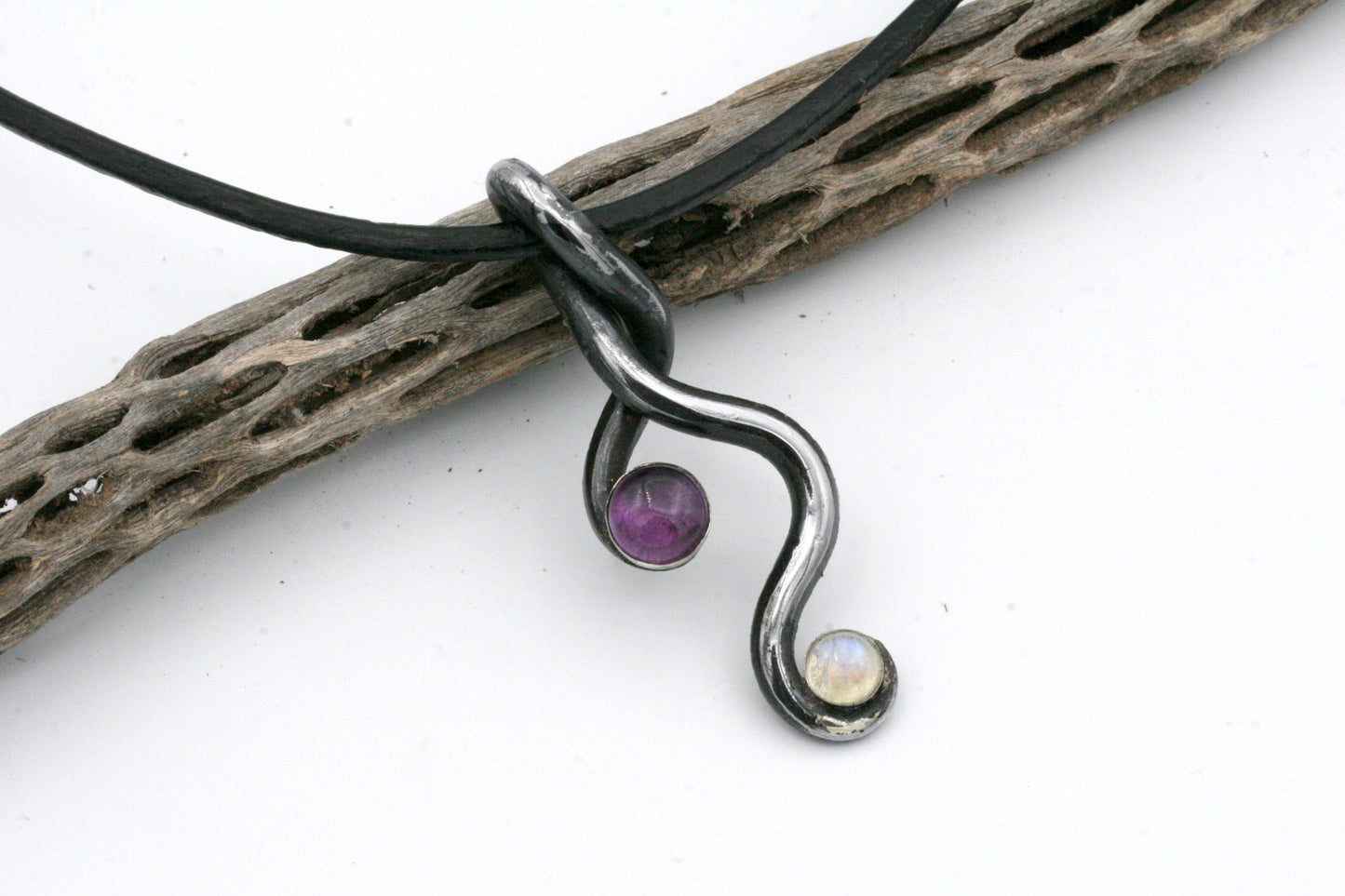 Twisted Iron pendant with Amethyst and Moonstone, Iron Anniversary