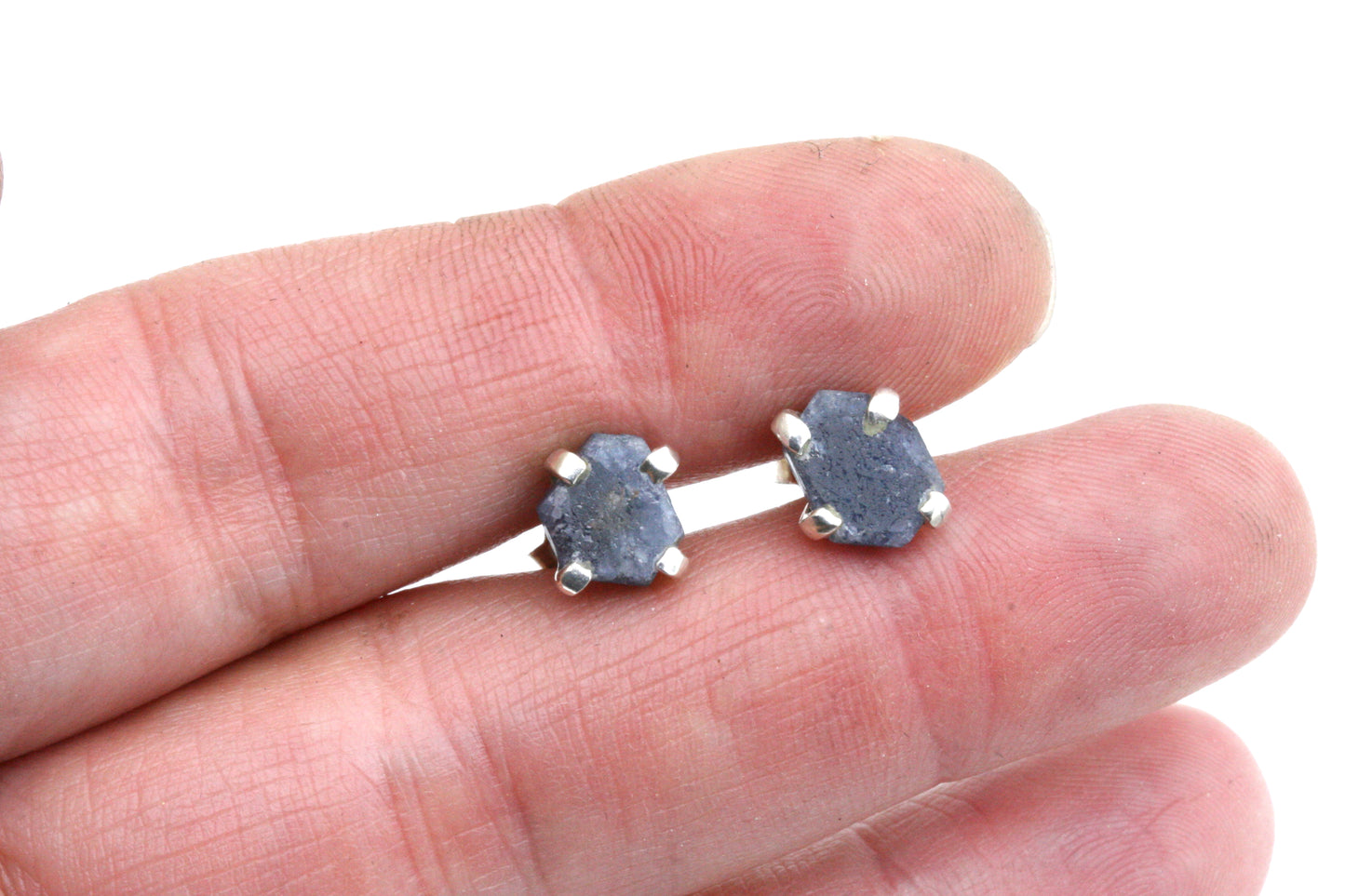 Raw Sapphire Stud Earrings In Sterling Silver