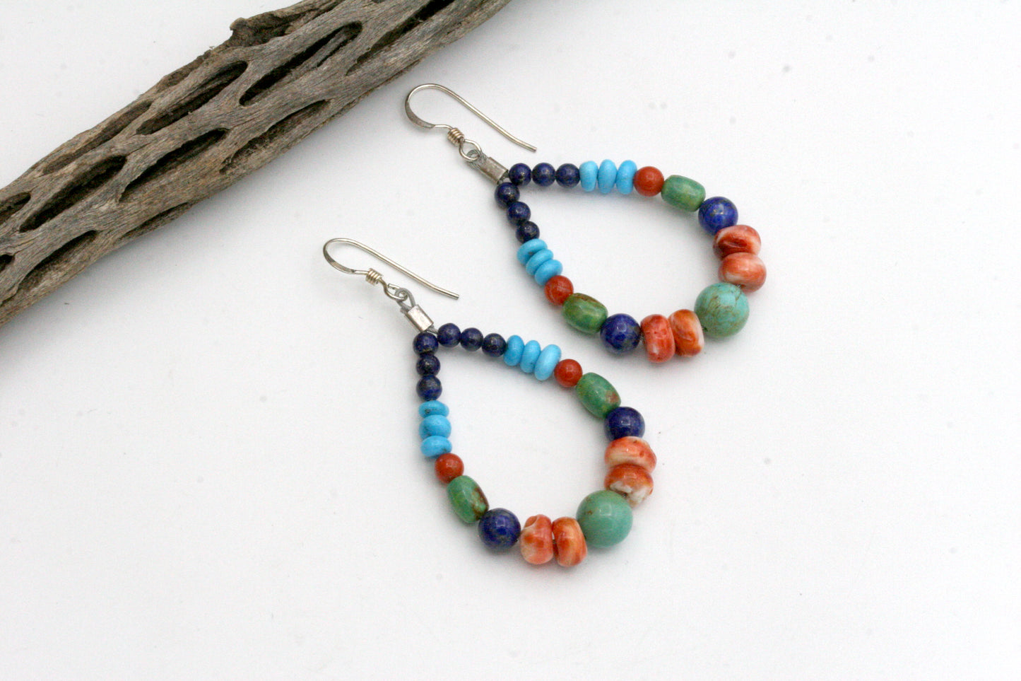 Colorful Native American Style Hoop Earrings with Lapis Lazuli, Campitos Turquoise, and Spiny Oyster, Sterling Silver Beaded Hoops