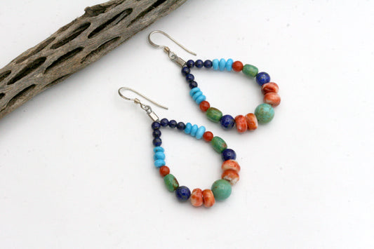 Colorful Native American Style Hoop Earrings with Lapis Lazuli, Campitos Turquoise, and Spiny Oyster, Sterling Silver Beaded Hoops