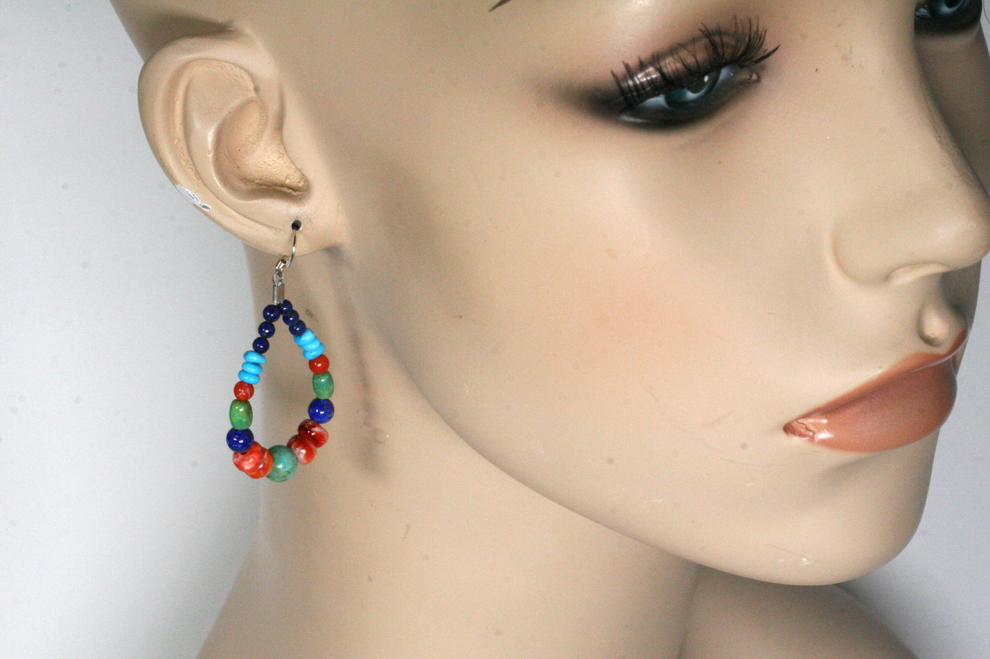Colorful Native American Style Hoop Earrings with Lapis Lazuli, Campitos Turquoise, and Spiny Oyster, Sterling Silver Beaded Hoops