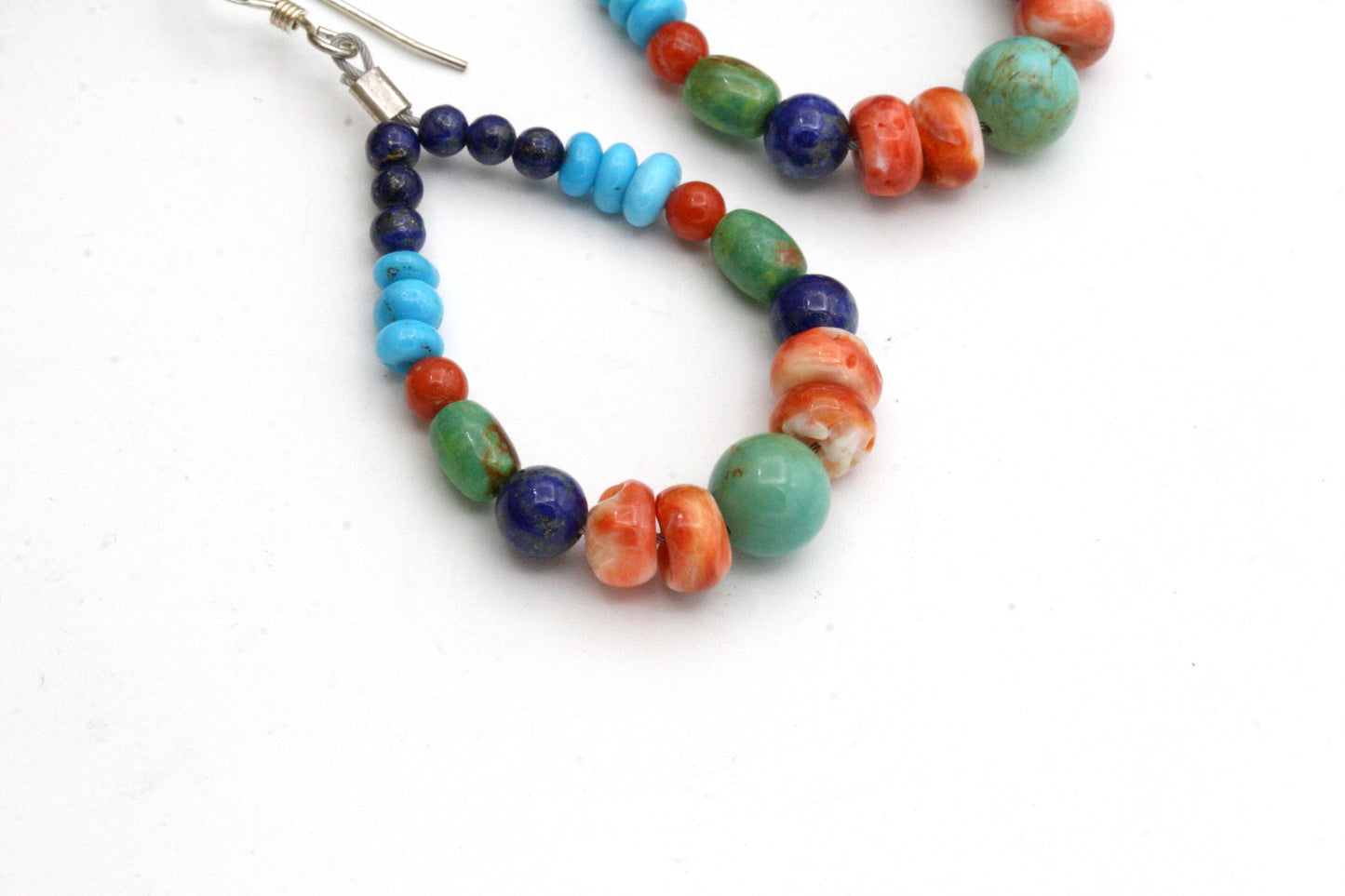 Colorful Native American Style Hoop Earrings with Lapis Lazuli, Campitos Turquoise, and Spiny Oyster, Sterling Silver Beaded Hoops