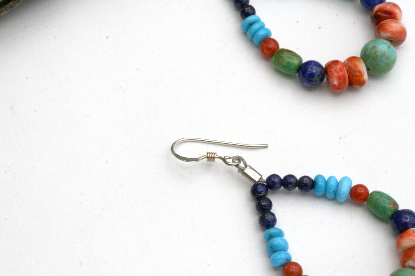 Colorful Native American Style Hoop Earrings with Lapis Lazuli, Campitos Turquoise, and Spiny Oyster, Sterling Silver Beaded Hoops