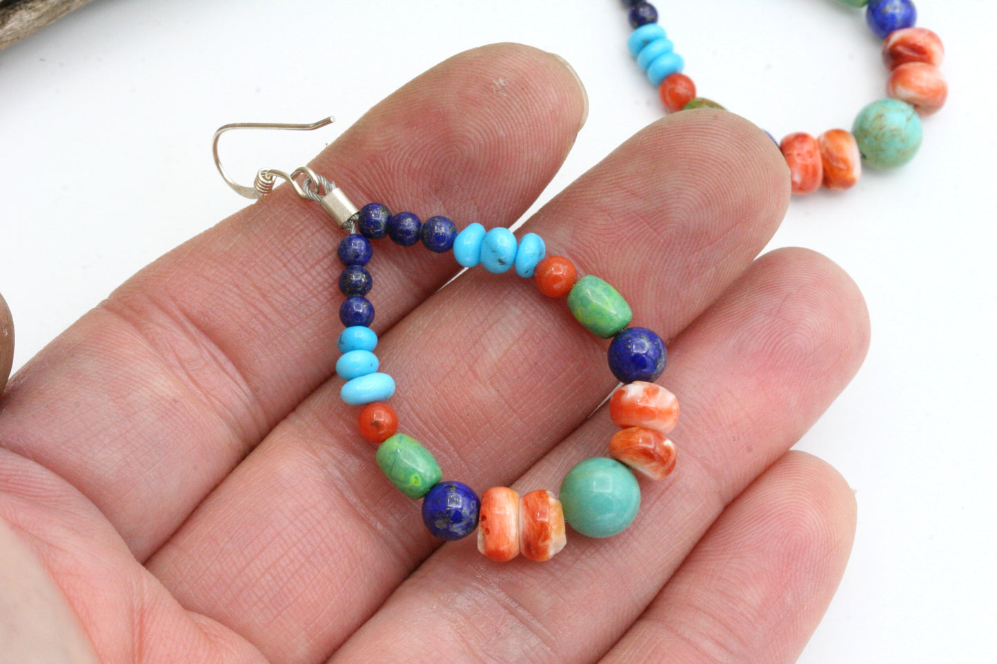 Colorful Native American Style Hoop Earrings with Lapis Lazuli, Campitos Turquoise, and Spiny Oyster, Sterling Silver Beaded Hoops