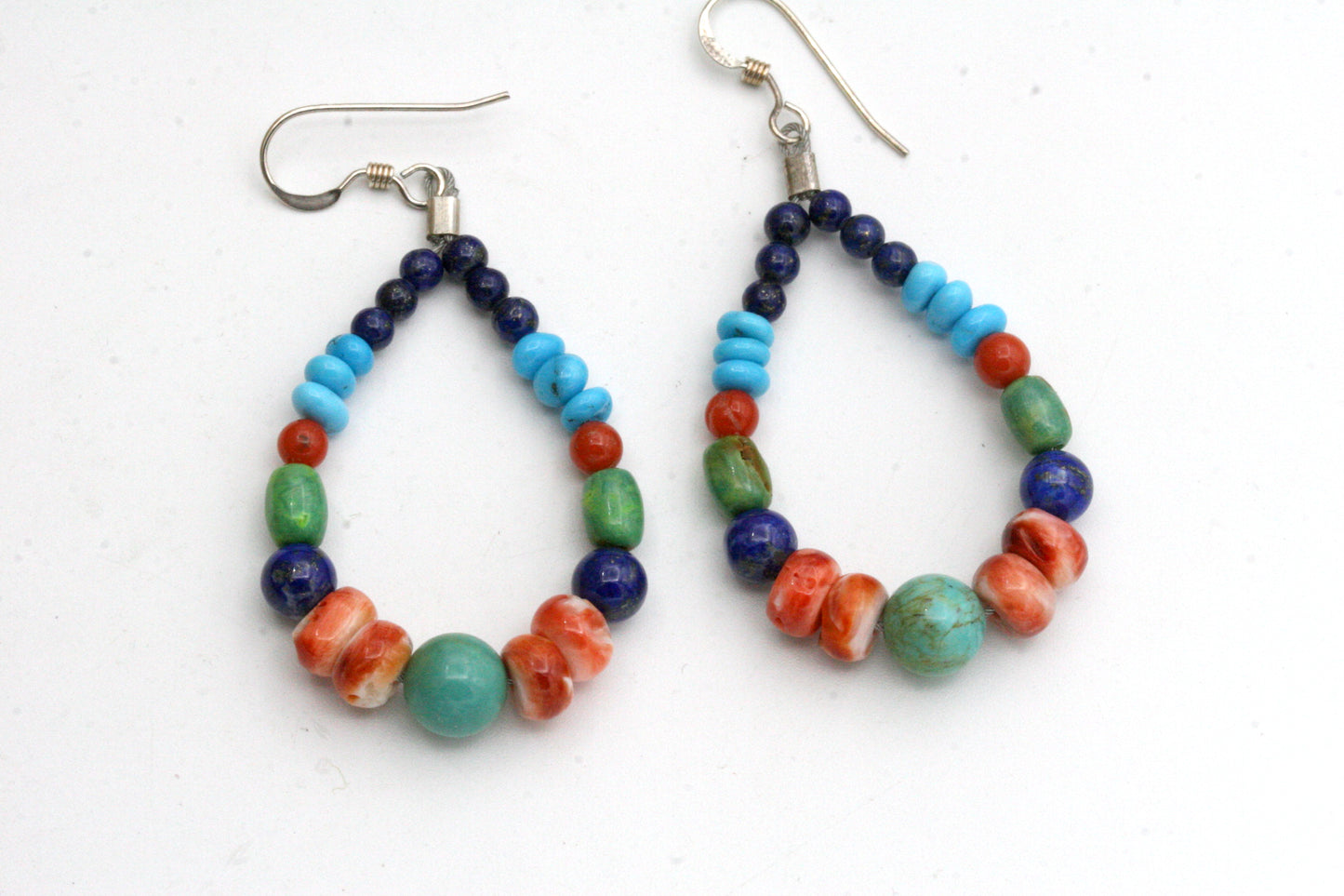 Colorful Native American Style Hoop Earrings with Lapis Lazuli, Campitos Turquoise, and Spiny Oyster, Sterling Silver Beaded Hoops