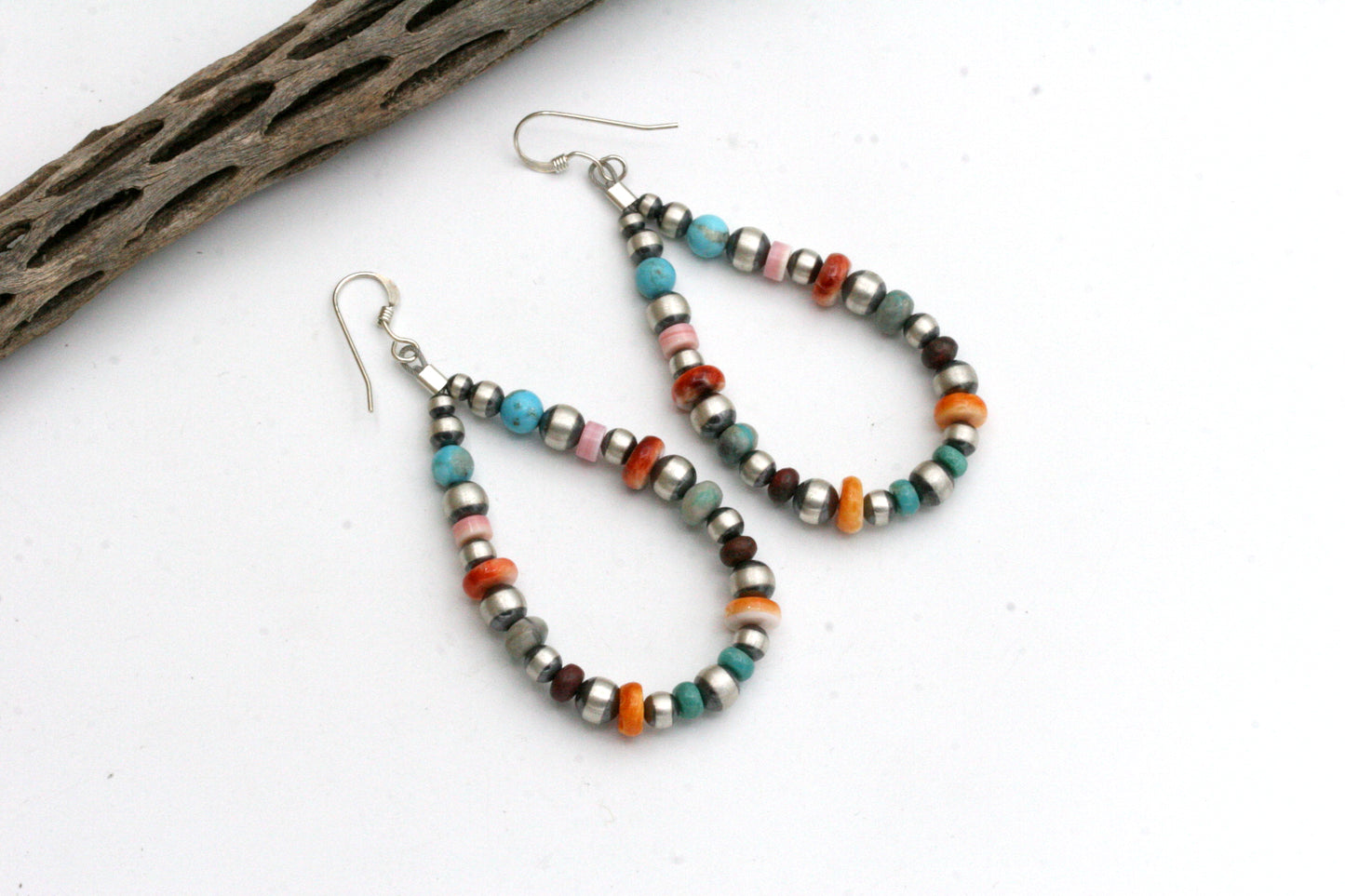 Boucles d'oreilles créoles Navajo Pearl avec huître épineuse et turquoise, argent sterling, style Sundance, boucles d'oreilles bohèmes turquoise, boucles d'oreilles colorées