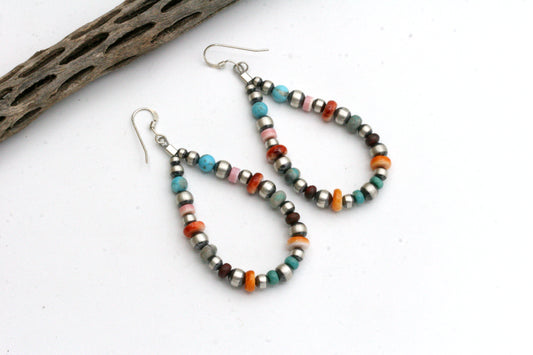 Boucles d'oreilles créoles Navajo Pearl avec huître épineuse et turquoise, argent sterling, style Sundance, boucles d'oreilles bohèmes turquoise, boucles d'oreilles colorées