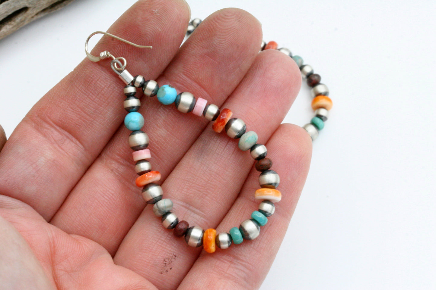 Boucles d'oreilles créoles Navajo Pearl avec huître épineuse et turquoise, argent sterling, style Sundance, boucles d'oreilles bohèmes turquoise, boucles d'oreilles colorées