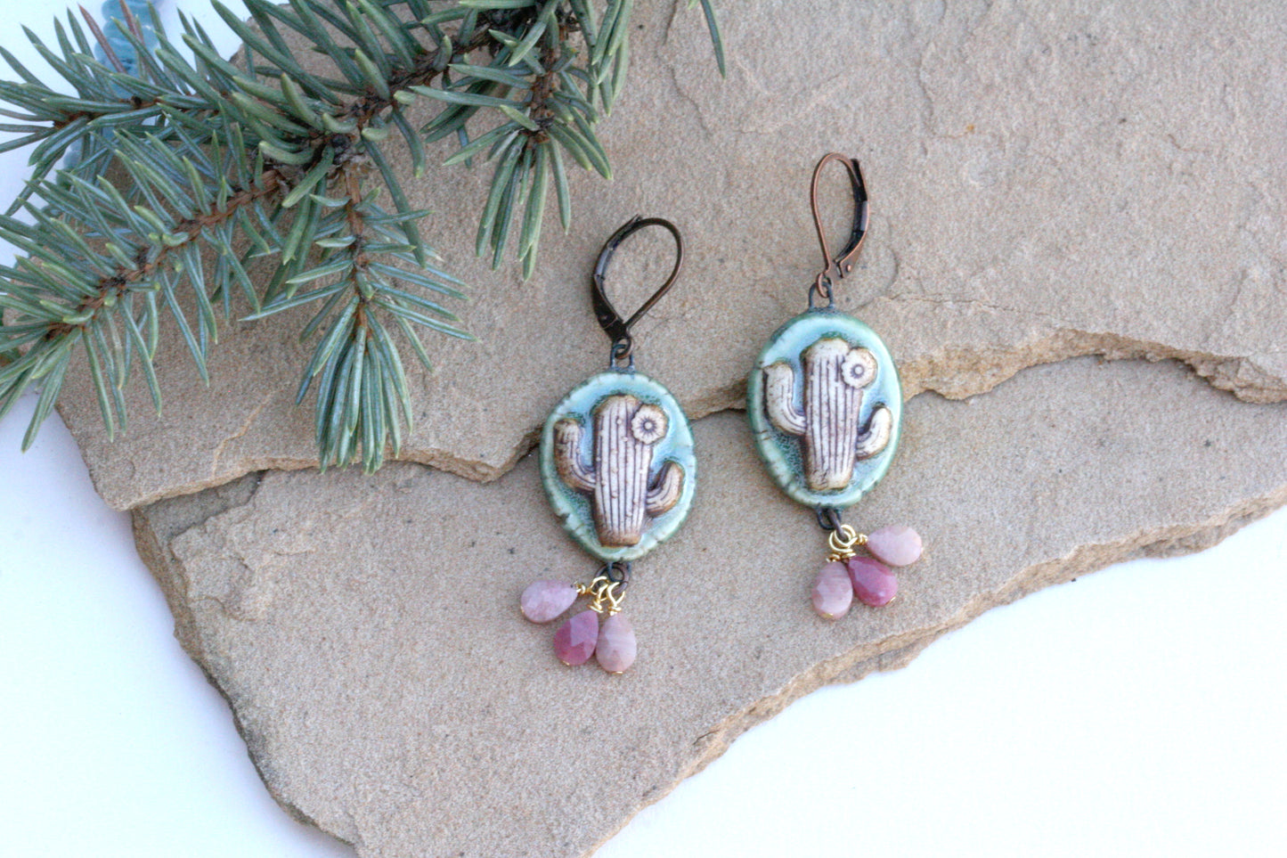 Porcelain Saguaro Cactus Earrings –  with Rhodonite Teardrop Stones, Southwestern Desert Jewelry