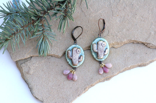 Porcelain Saguaro Cactus Earrings –  with Rhodonite Teardrop Stones, Southwestern Desert Jewelry