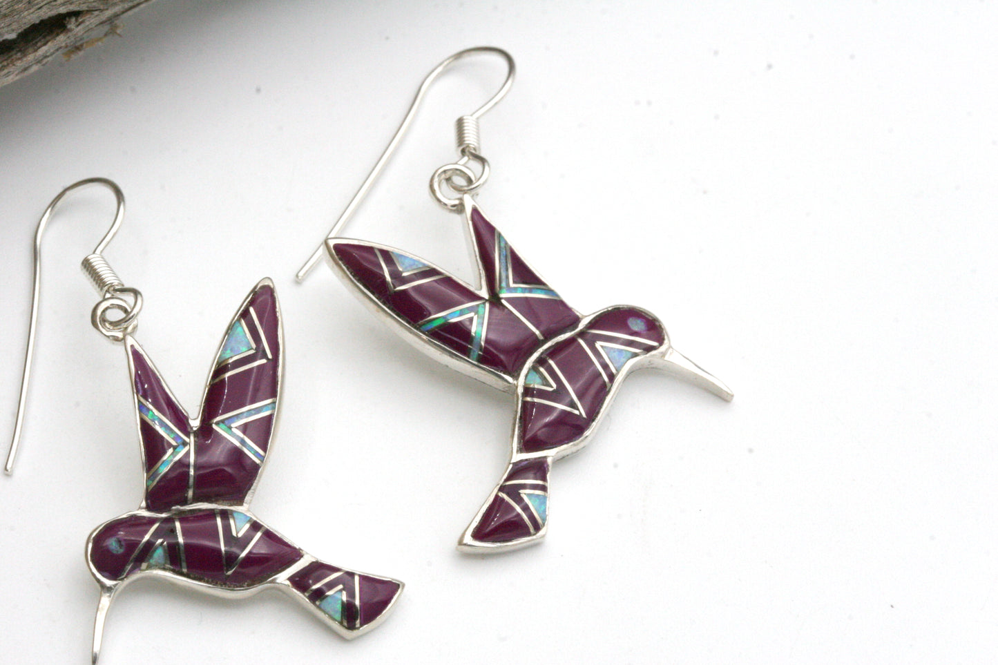 Sterling Silver Hummingbird Earrings with Purple Turquoise & Opal Inlay