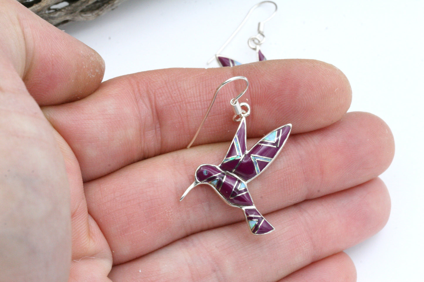 Sterling Silver Hummingbird Earrings with Purple Turquoise & Opal Inlay
