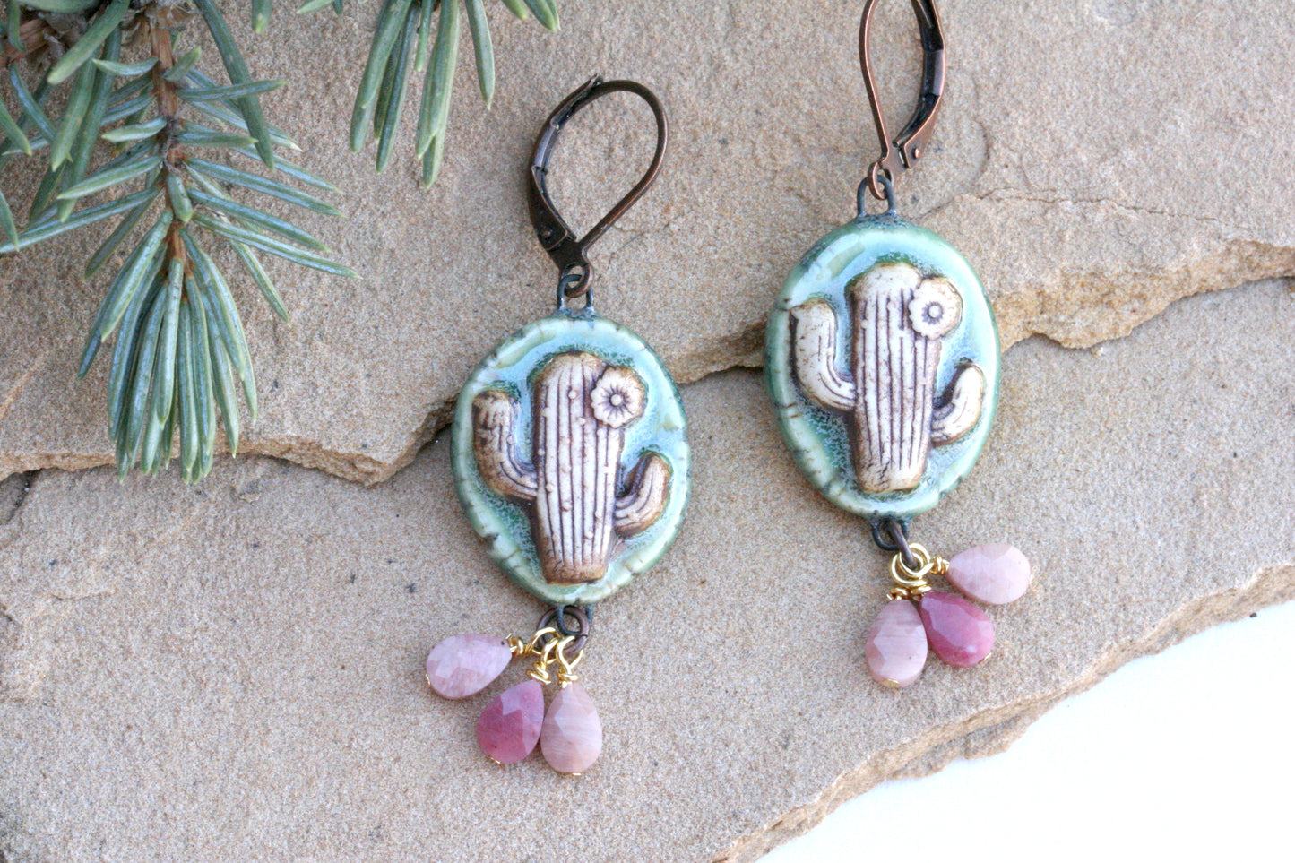 Porcelain Saguaro Cactus Earrings –  with Rhodonite Teardrop Stones, Southwestern Desert Jewelry