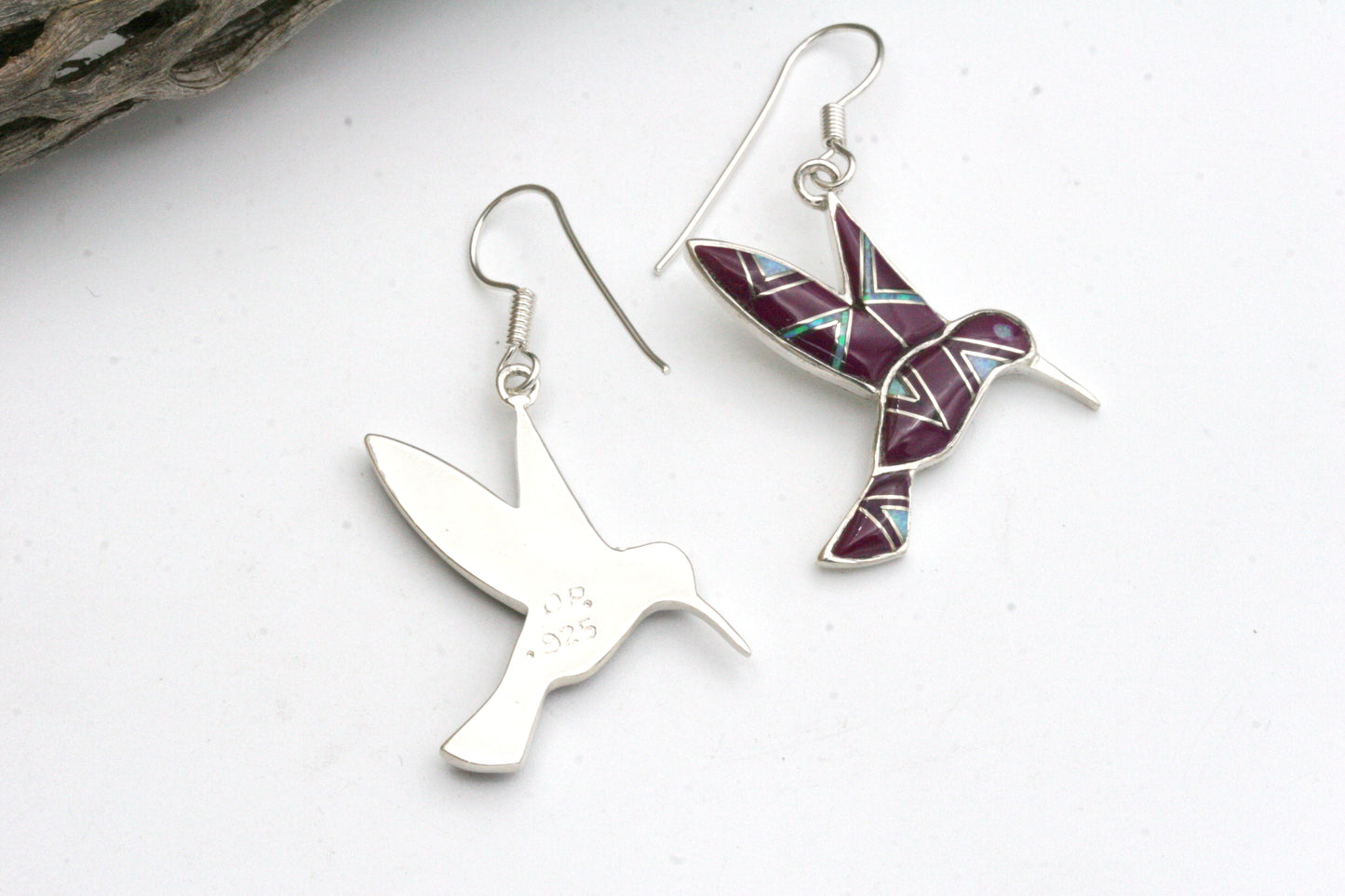 Sterling Silver Hummingbird Earrings with Purple Turquoise & Opal Inlay