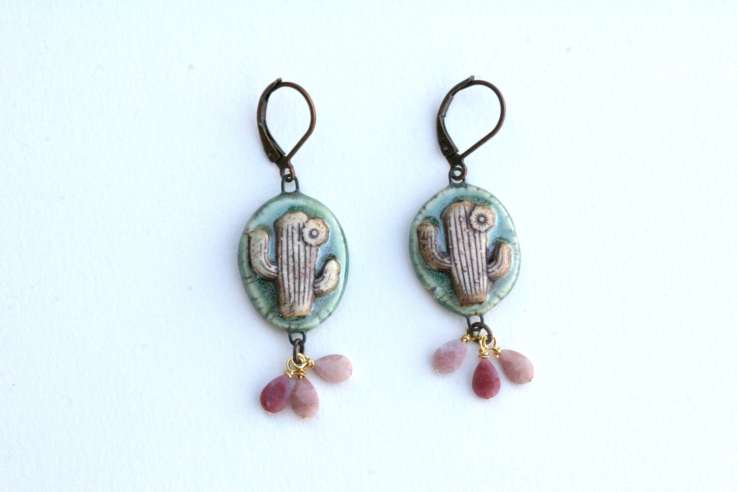 Porcelain Saguaro Cactus Earrings –  with Rhodonite Teardrop Stones, Southwestern Desert Jewelry