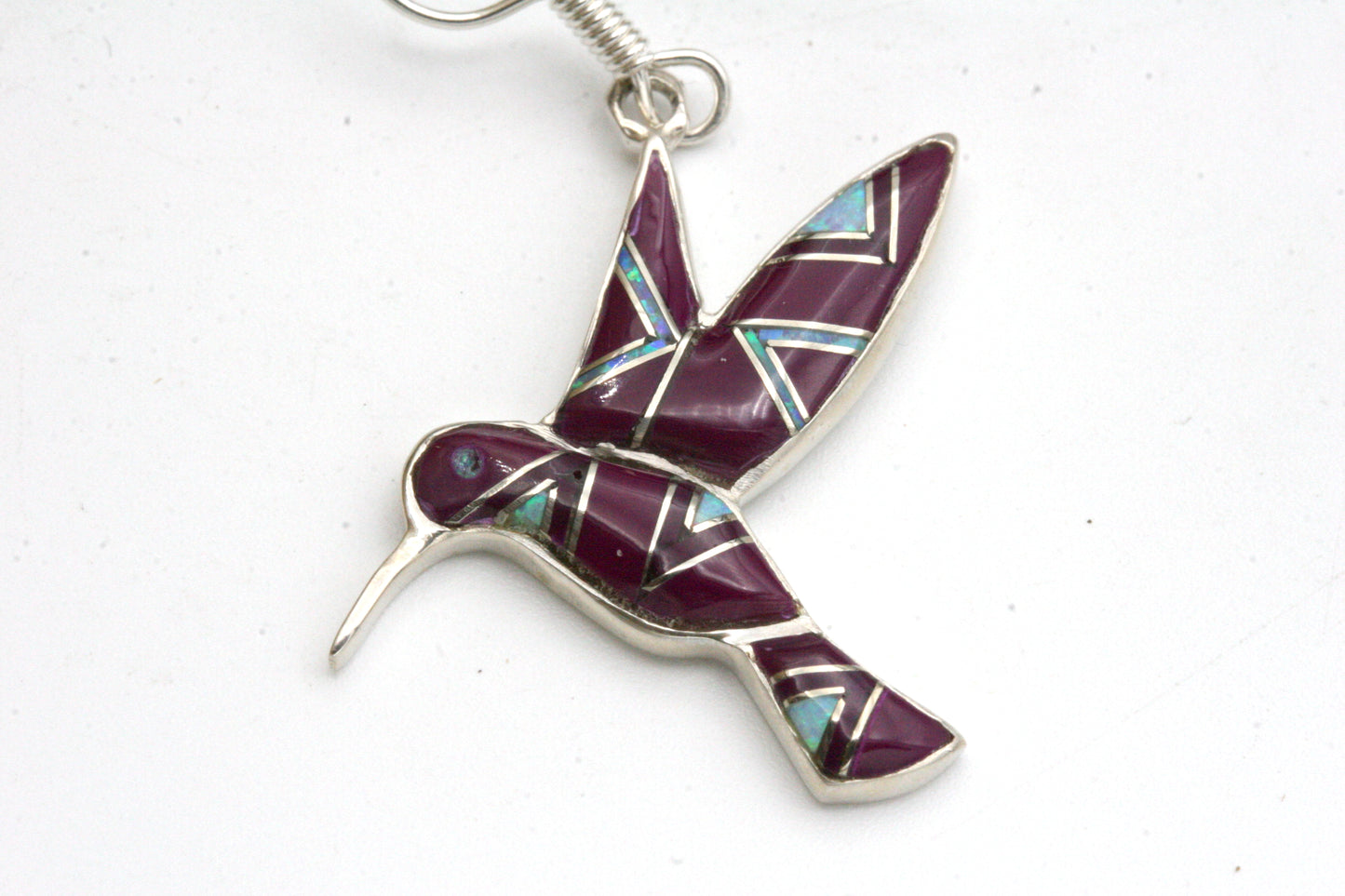 Sterling Silver Hummingbird Earrings with Purple Turquoise & Opal Inlay