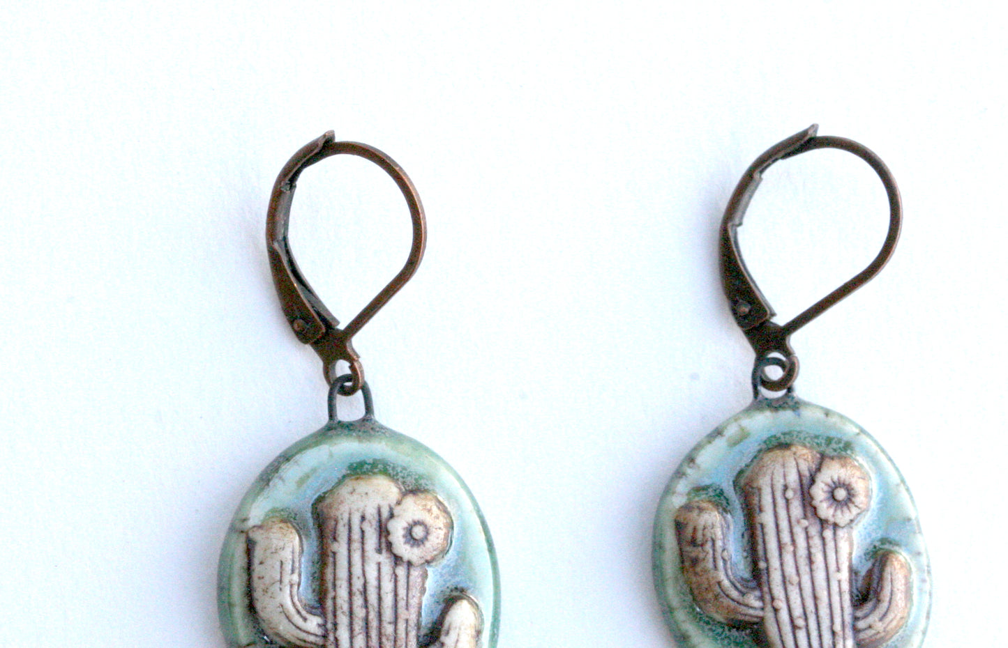 Porcelain Saguaro Cactus Earrings –  with Rhodonite Teardrop Stones, Southwestern Desert Jewelry