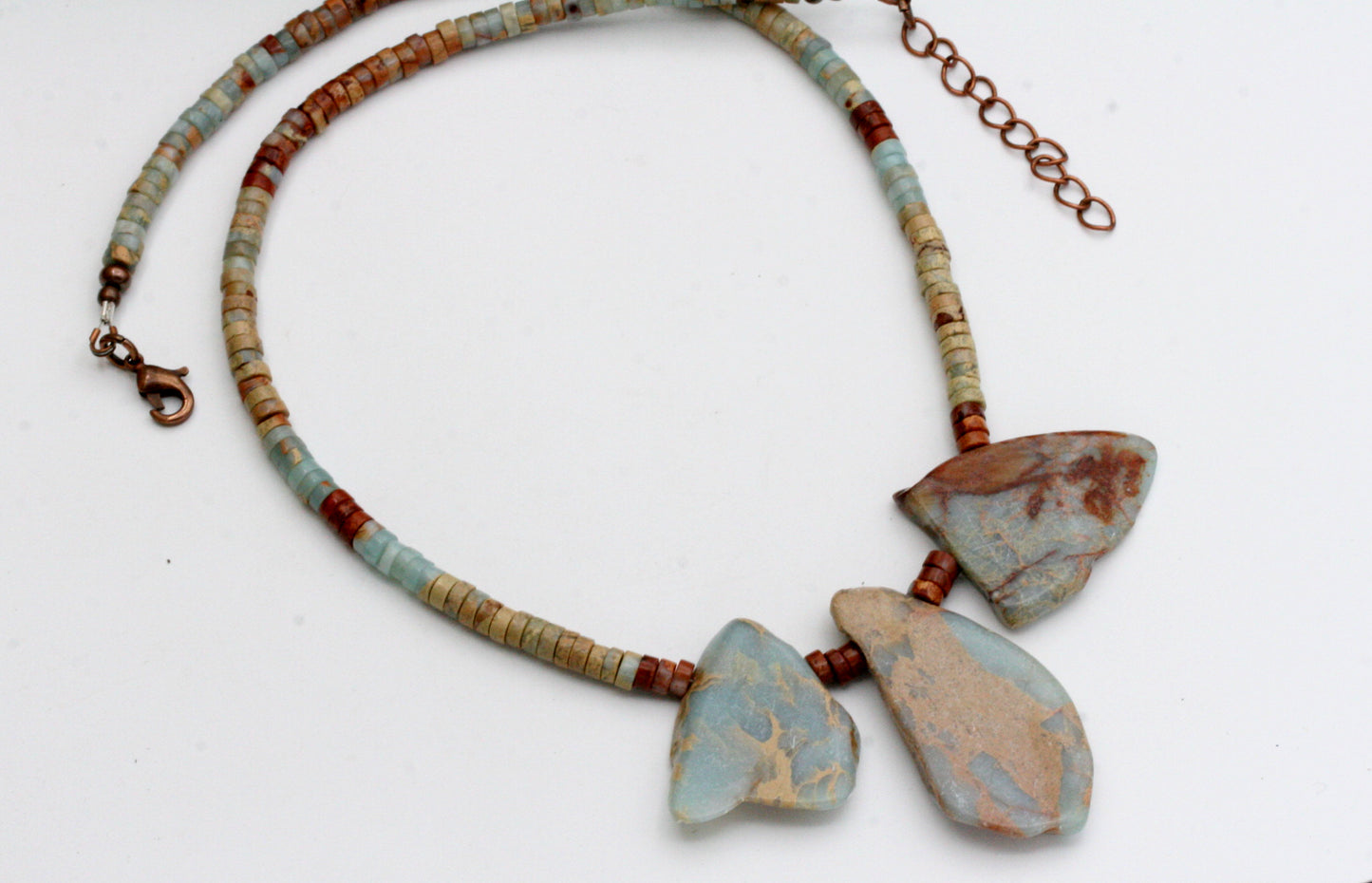 Aqua Terra Jasper Necklace with Slab Stones and Heishi Beads, Antiqued Copper Accents