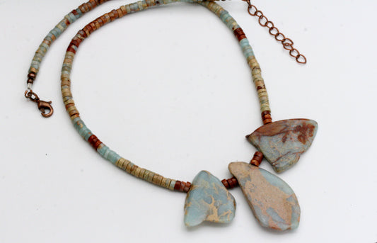 Aqua Terra Jasper Necklace with Slab Stones and Heishi Beads, Antiqued Copper Accents