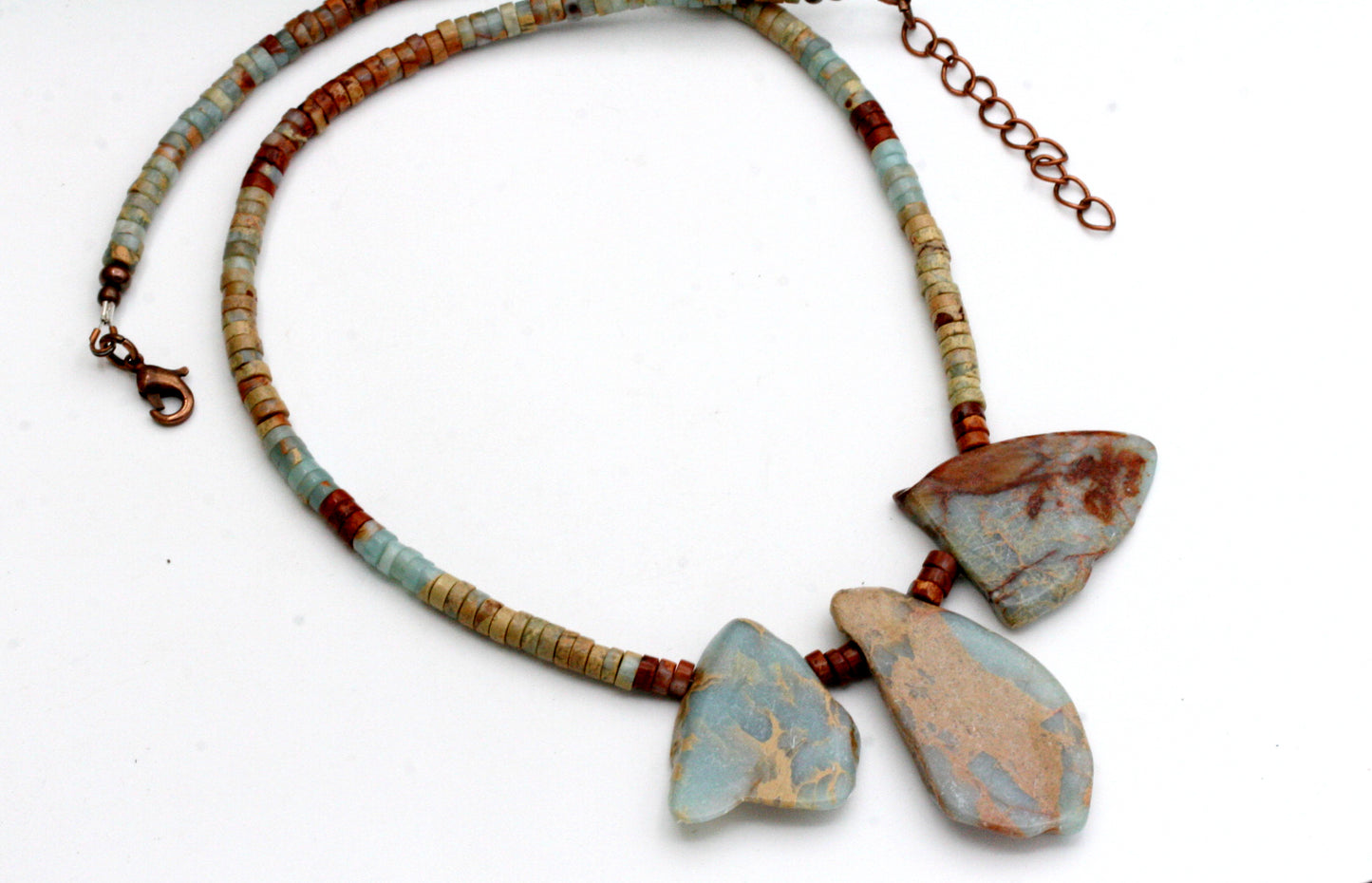 Aqua Terra Jasper Necklace: Slab Stone, Heishi Beads, Antiqued Copper