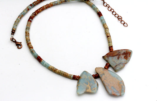 Aqua Terra Jasper Necklace: Slab Stone, Heishi Beads, Antiqued Copper