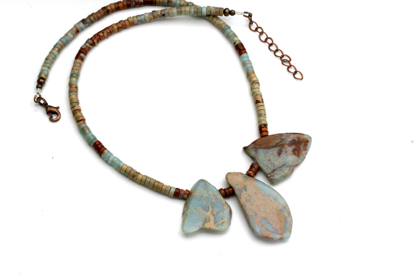 Aqua Terra Jasper Necklace: Slab Stone, Heishi Beads, Antiqued Copper