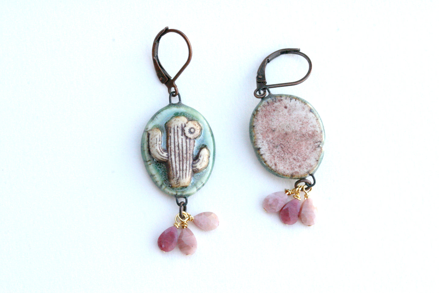 Porcelain Saguaro Cactus Earrings –  with Rhodonite Teardrop Stones, Southwestern Desert Jewelry