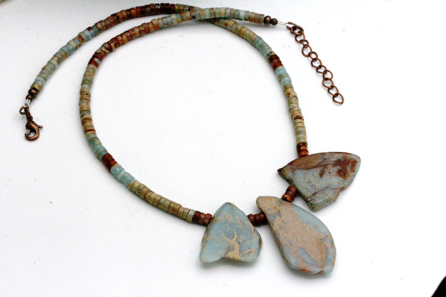 Aqua Terra Jasper Necklace: Slab Stone, Heishi Beads, Antiqued Copper