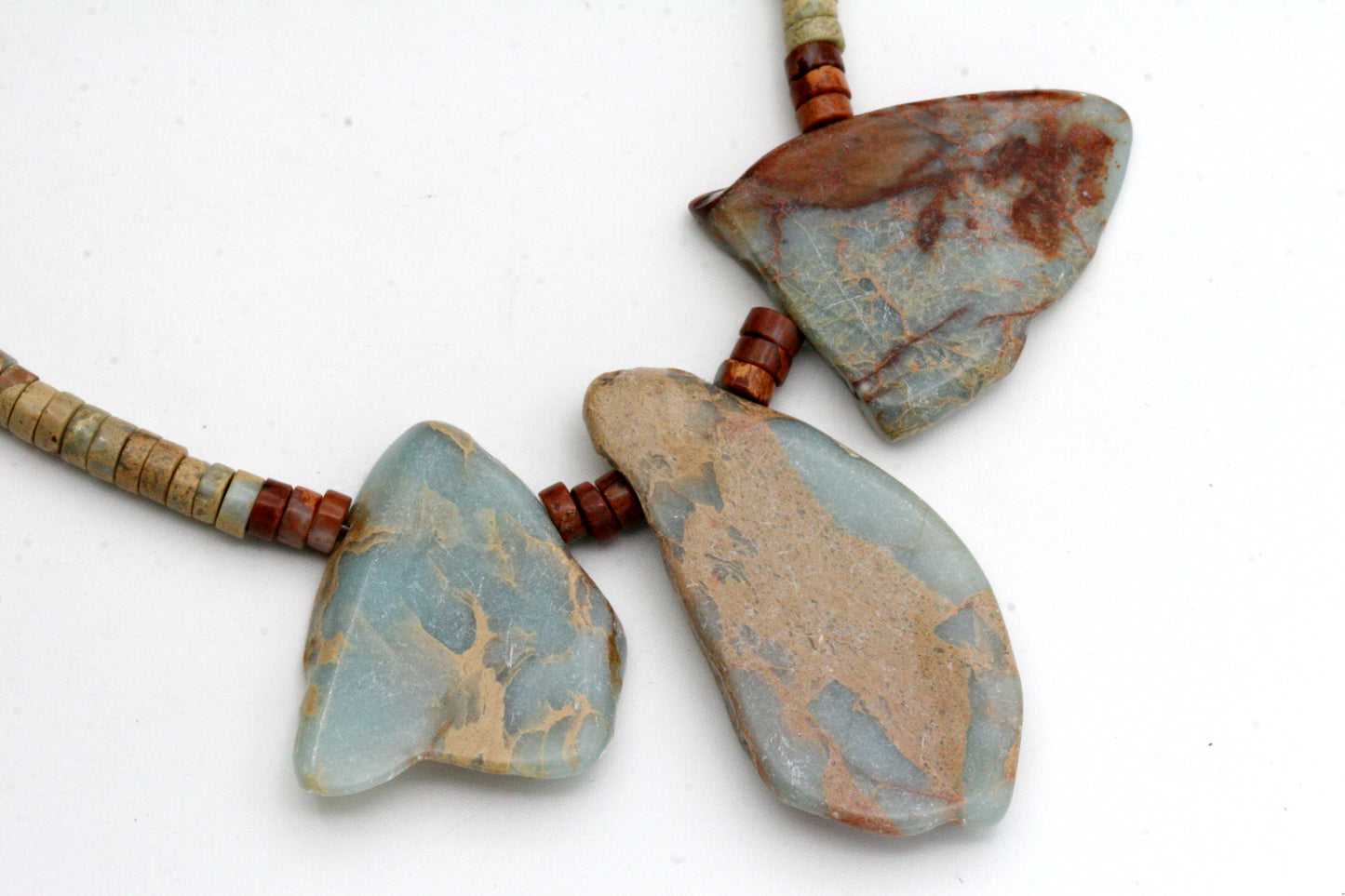 Aqua Terra Jasper Necklace with Slab Stones and Heishi Beads, Antiqued Copper Accents
