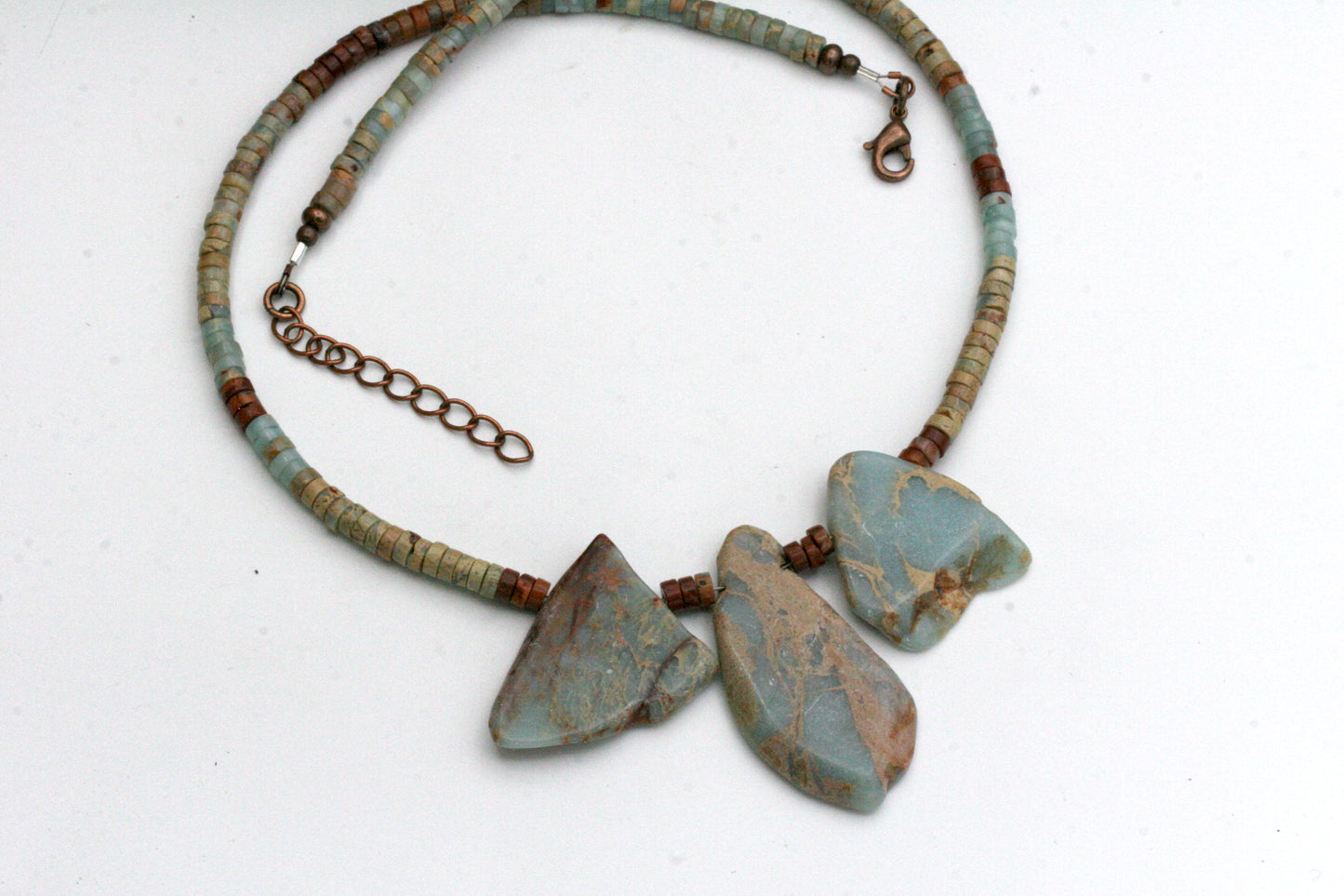 Aqua Terra Jasper Necklace with Slab Stones and Heishi Beads, Antiqued Copper Accents