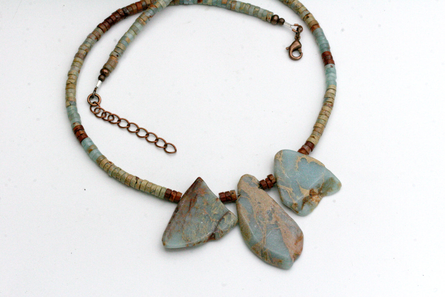 Aqua Terra Jasper Necklace: Slab Stone, Heishi Beads, Antiqued Copper