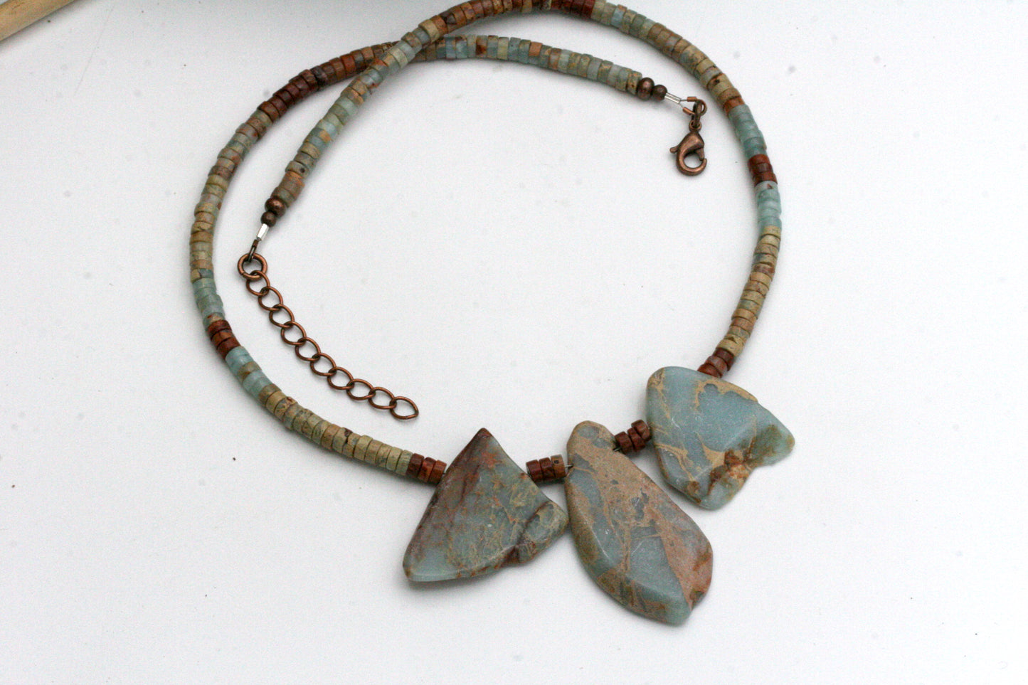 Aqua Terra Jasper Necklace with Slab Stones and Heishi Beads, Antiqued Copper Accents