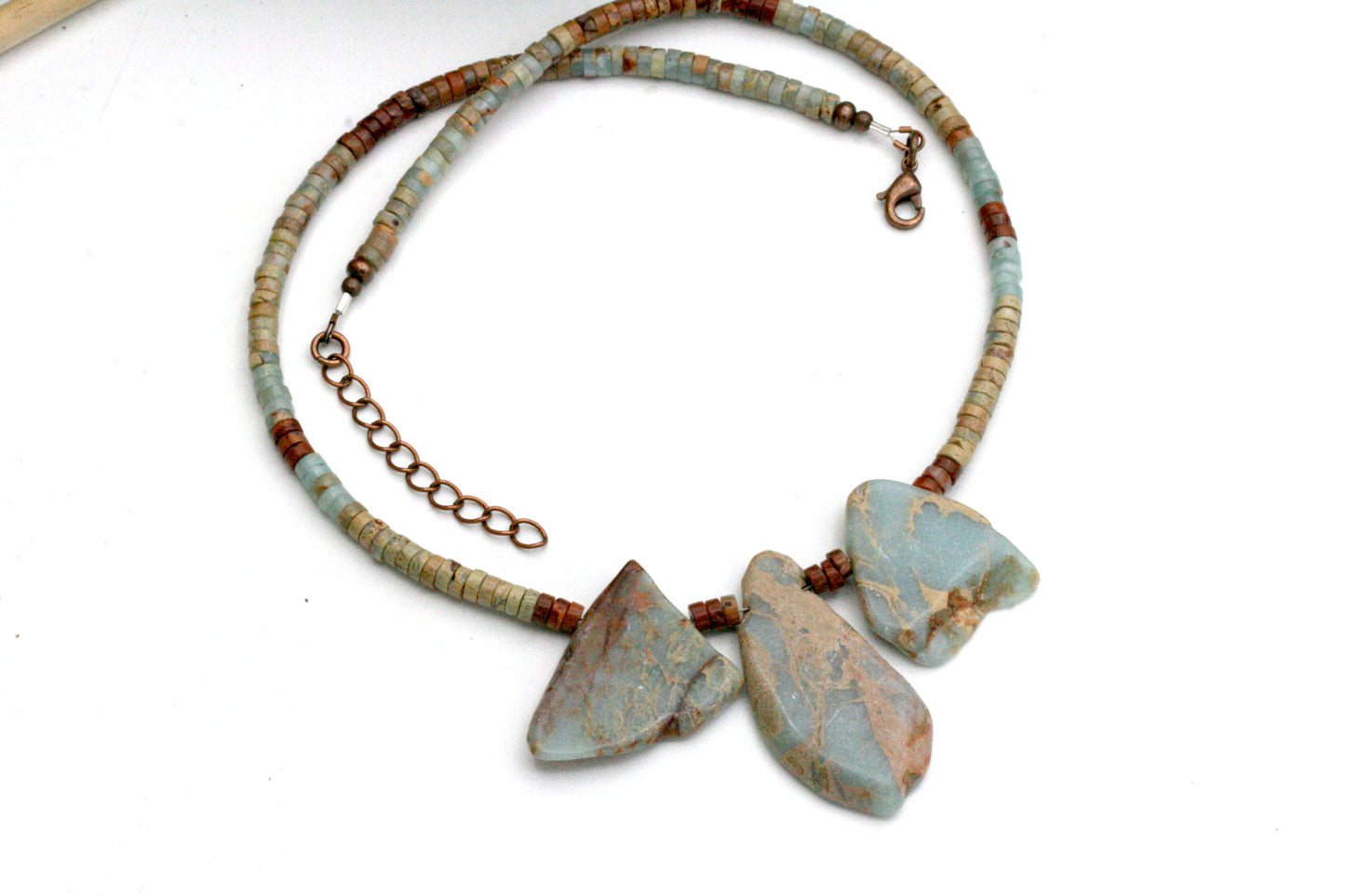 Aqua Terra Jasper Necklace: Slab Stone, Heishi Beads, Antiqued Copper