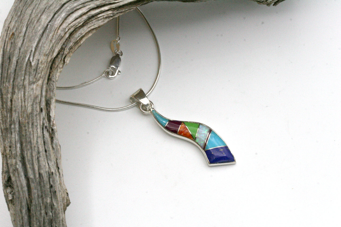Sterling Silver Wave Pendant with Lapis, Turquoise, Spiny Oyster and Opal Inlay on Snake Chain