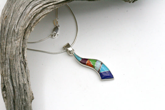 Sterling Silver Wave Pendant with Lapis, Turquoise, Spiny Oyster and Opal Inlay on Snake Chain