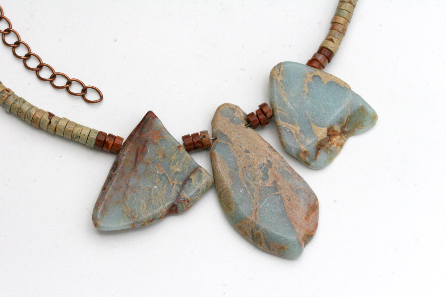 Aqua Terra Jasper Necklace: Slab Stone, Heishi Beads, Antiqued Copper