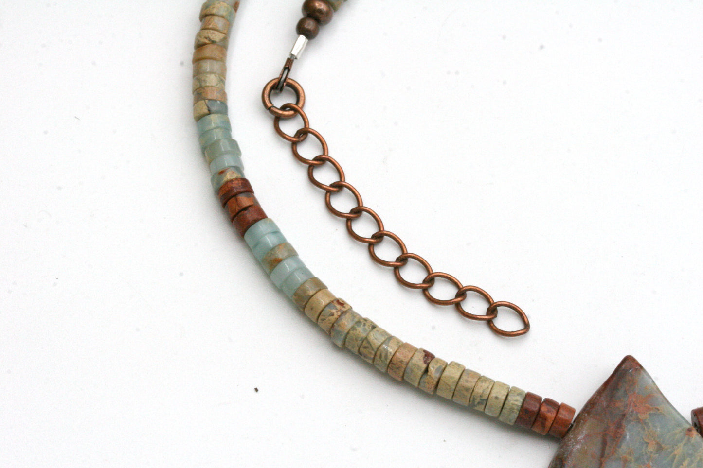 Aqua Terra Jasper Necklace: Slab Stone, Heishi Beads, Antiqued Copper