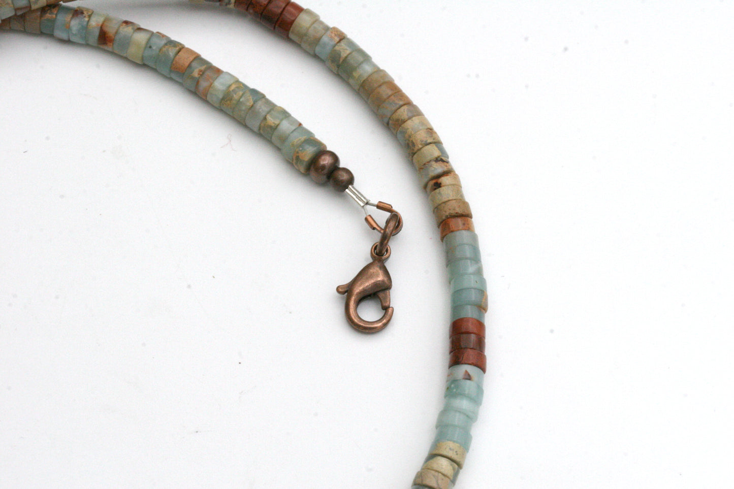 Aqua Terra Jasper Necklace: Slab Stone, Heishi Beads, Antiqued Copper