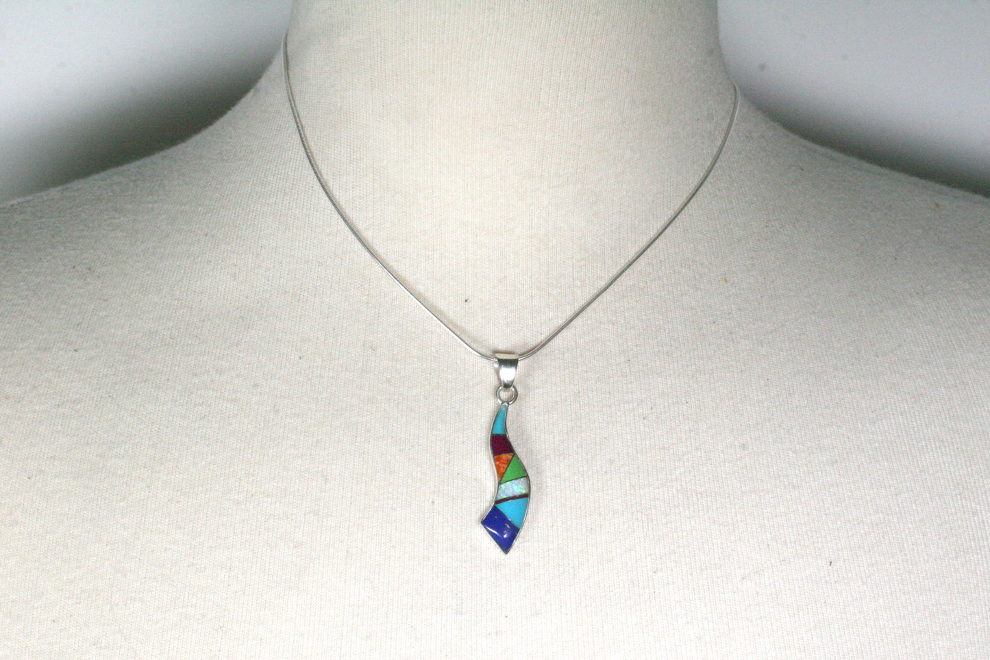 Sterling Silver Wave Pendant with Lapis, Turquoise, Spiny Oyster and Opal Inlay on Snake Chain