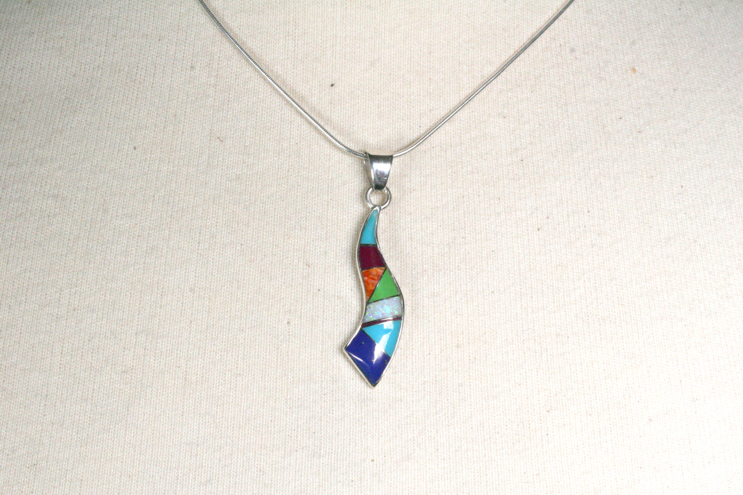 Sterling Silver Wave Pendant with Lapis, Turquoise, Spiny Oyster and Opal Inlay on Snake Chain