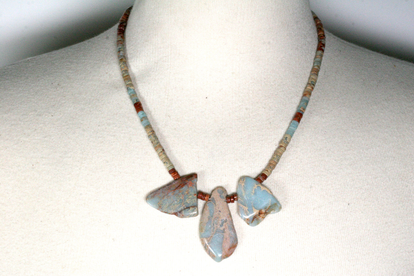 Aqua Terra Jasper Necklace with Slab Stones and Heishi Beads, Antiqued Copper Accents
