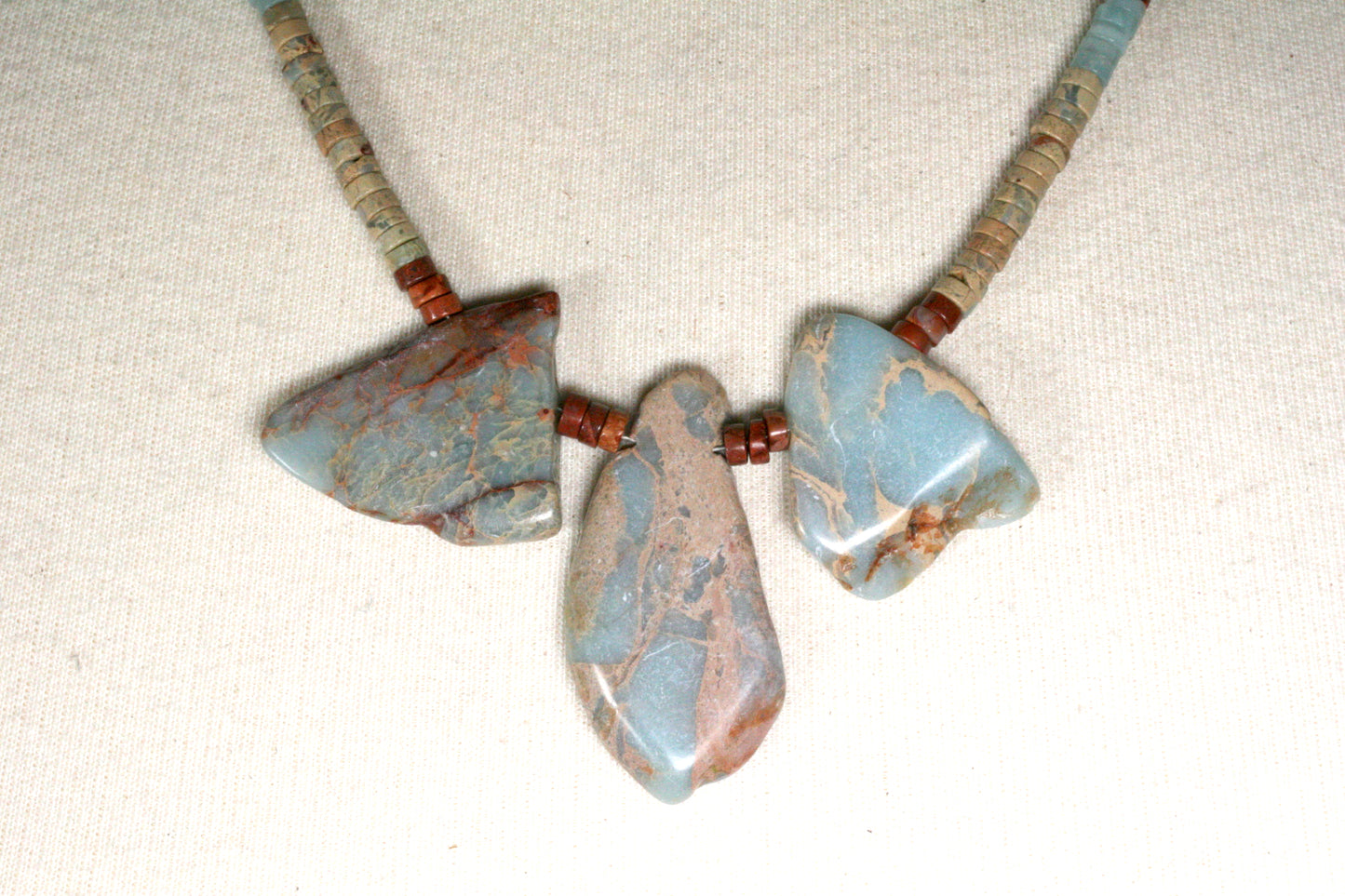 Aqua Terra Jasper Necklace with Slab Stones and Heishi Beads, Antiqued Copper Accents