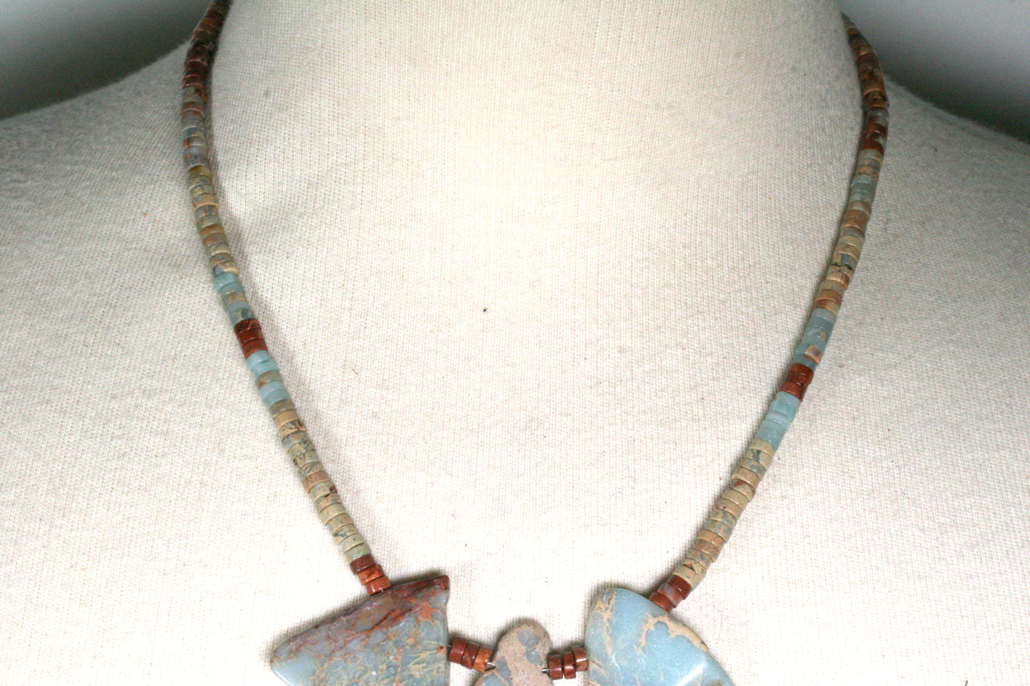 Aqua Terra Jasper Necklace with Slab Stones and Heishi Beads, Antiqued Copper Accents