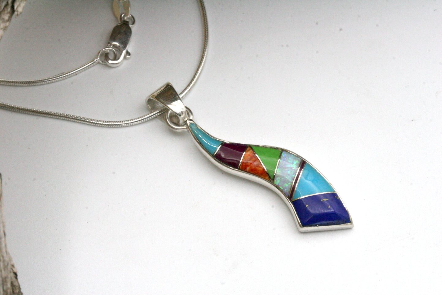 Sterling Silver Wave Pendant with Lapis, Turquoise, Spiny Oyster and Opal Inlay on Snake Chain