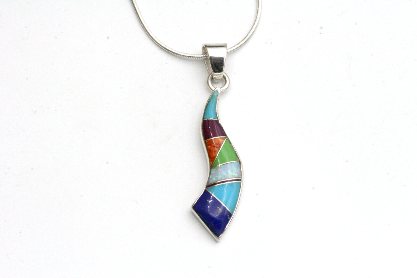 Sterling Silver Wave Pendant with Lapis, Turquoise, Spiny Oyster and Opal Inlay on Snake Chain