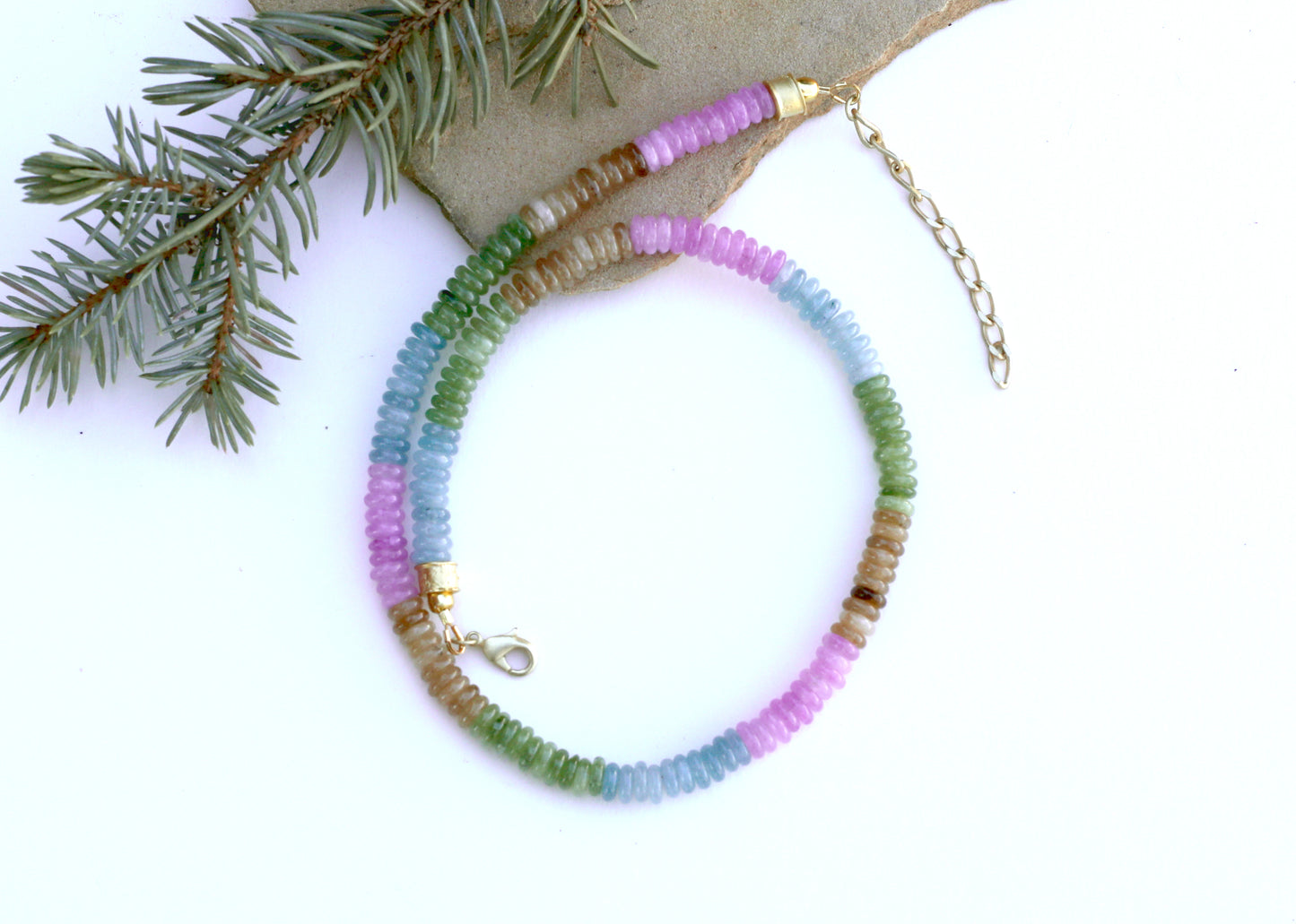 Pastel Beaded Gemstone Necklace, Jade with Gold Vermeil Beads